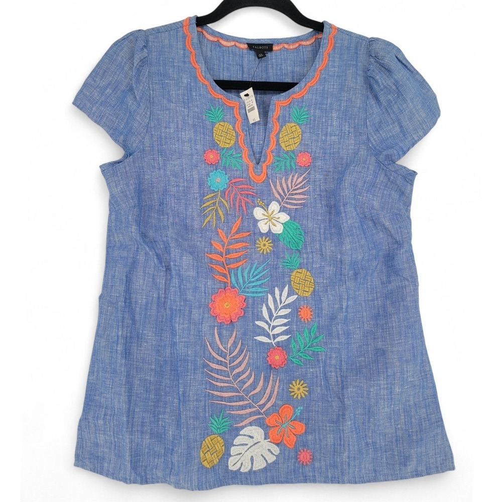 Talbots XS Linen‎ Blend Embroidered Tropical Floral Blue Top NWT Summer Resort